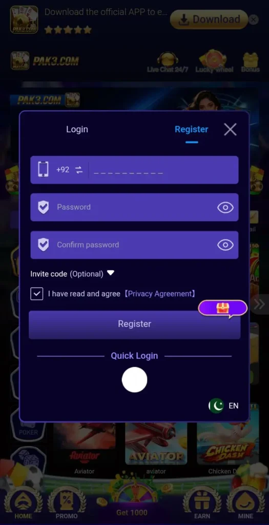 PAK3 Register and Login